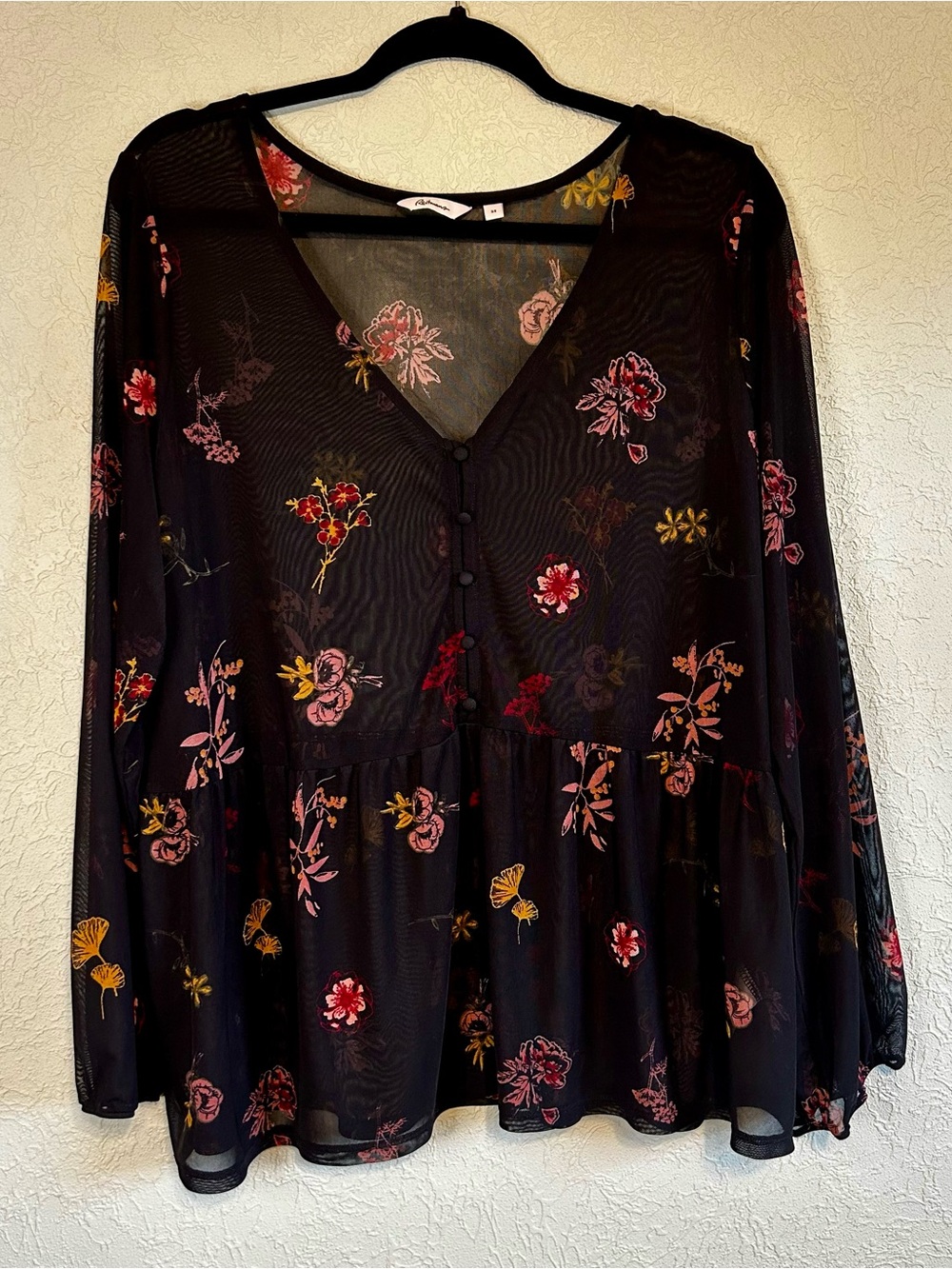 Reitmans 3X Black Floral Sheer Mesh Peplum Babydoll Top